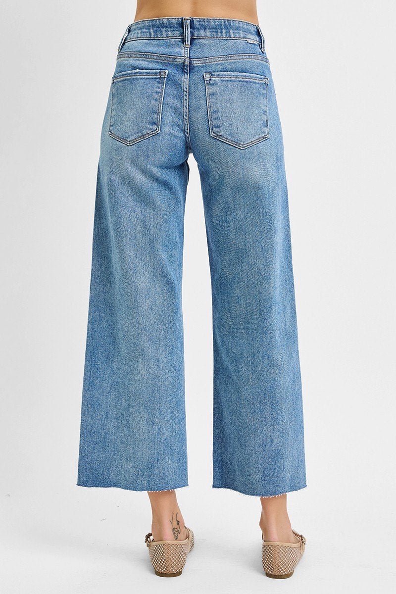 Risen Medium Wash Wide Leg Jeans - The Nines