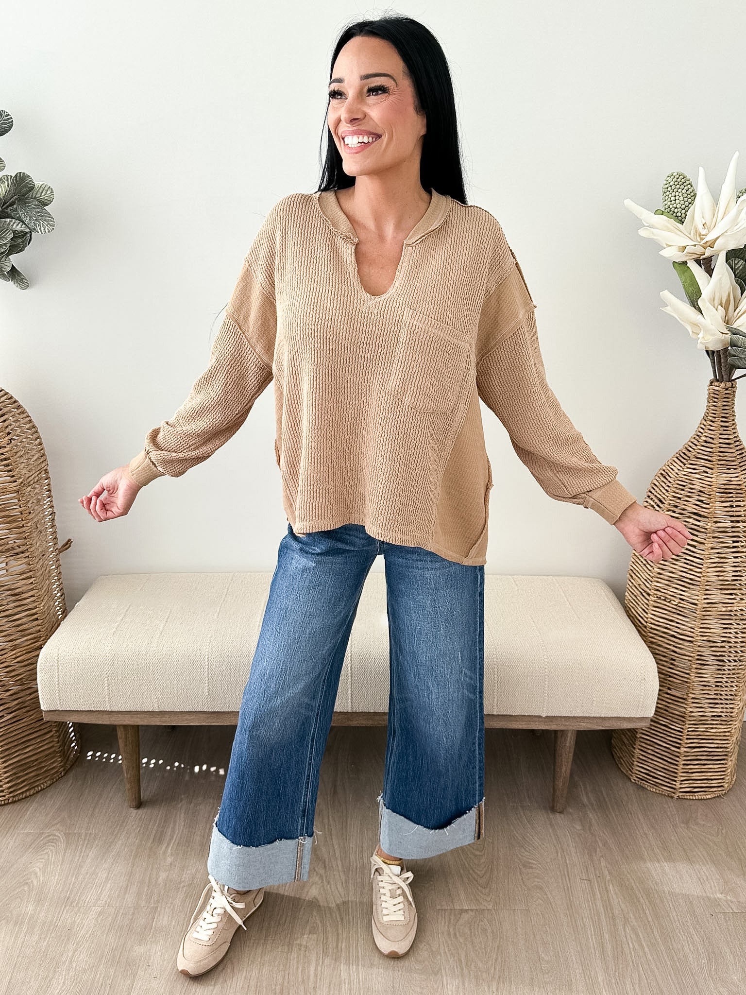 Split Neck Lightweight Ribbed Tops - 4 Colors!