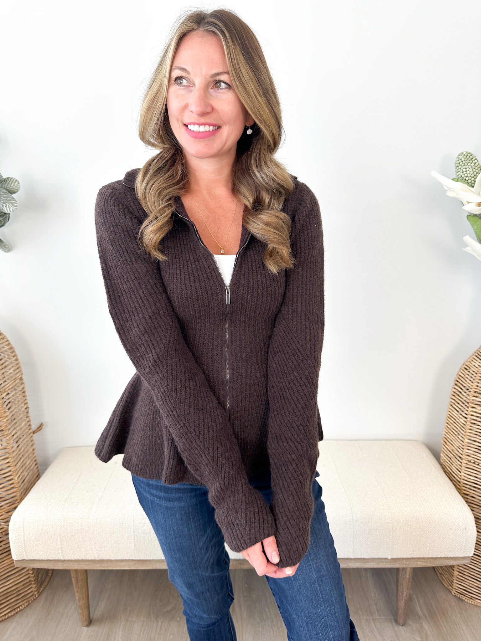 Rib Knit Peplum Zip Sweater - The Nines