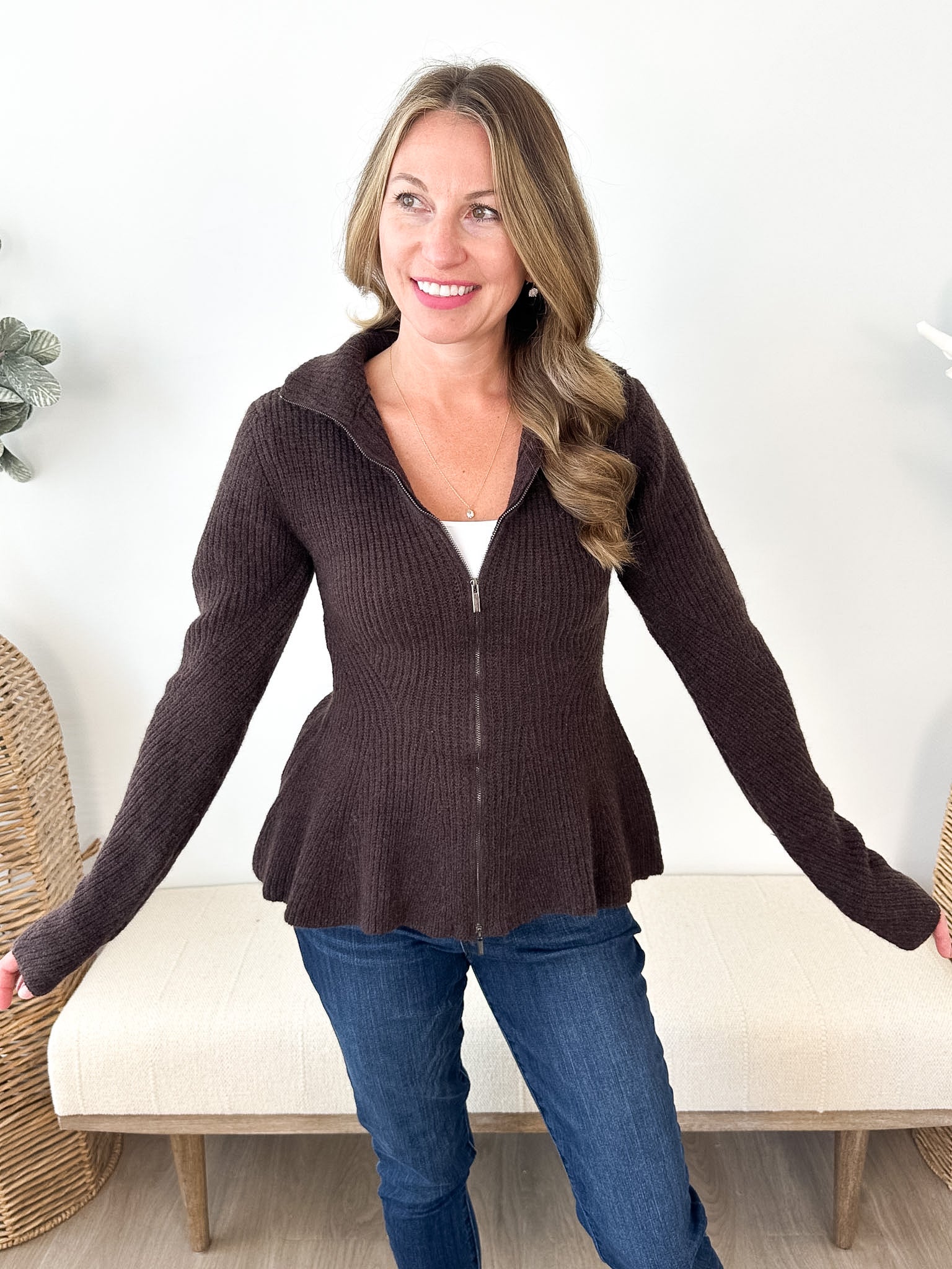 Rib Knit Peplum Zip Sweater - The Nines