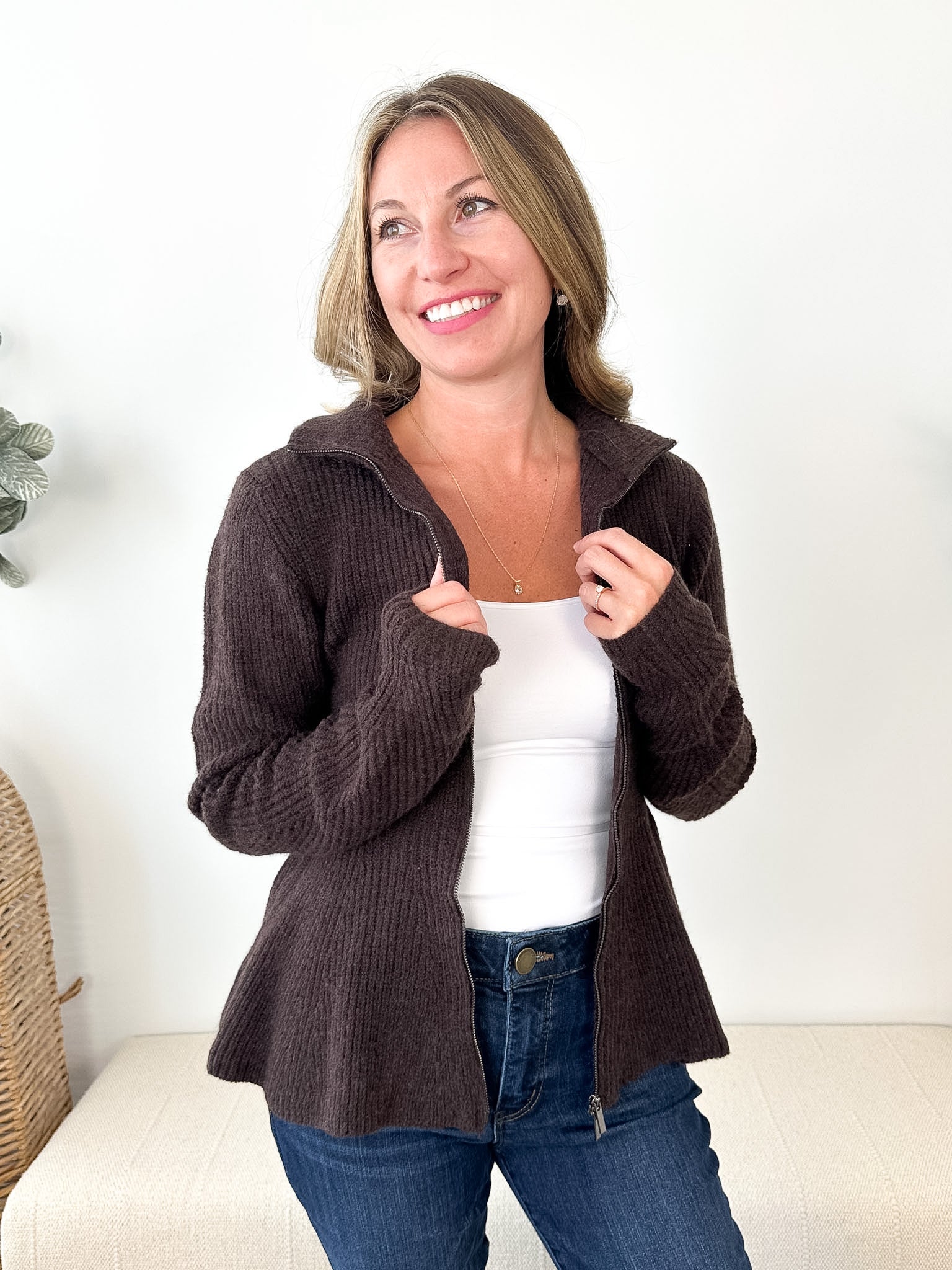 Rib Knit Peplum Zip Sweater