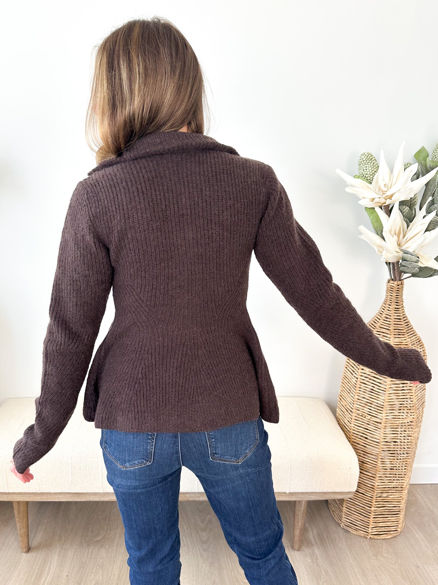 Rib Knit Peplum Zip Sweater - The Nines