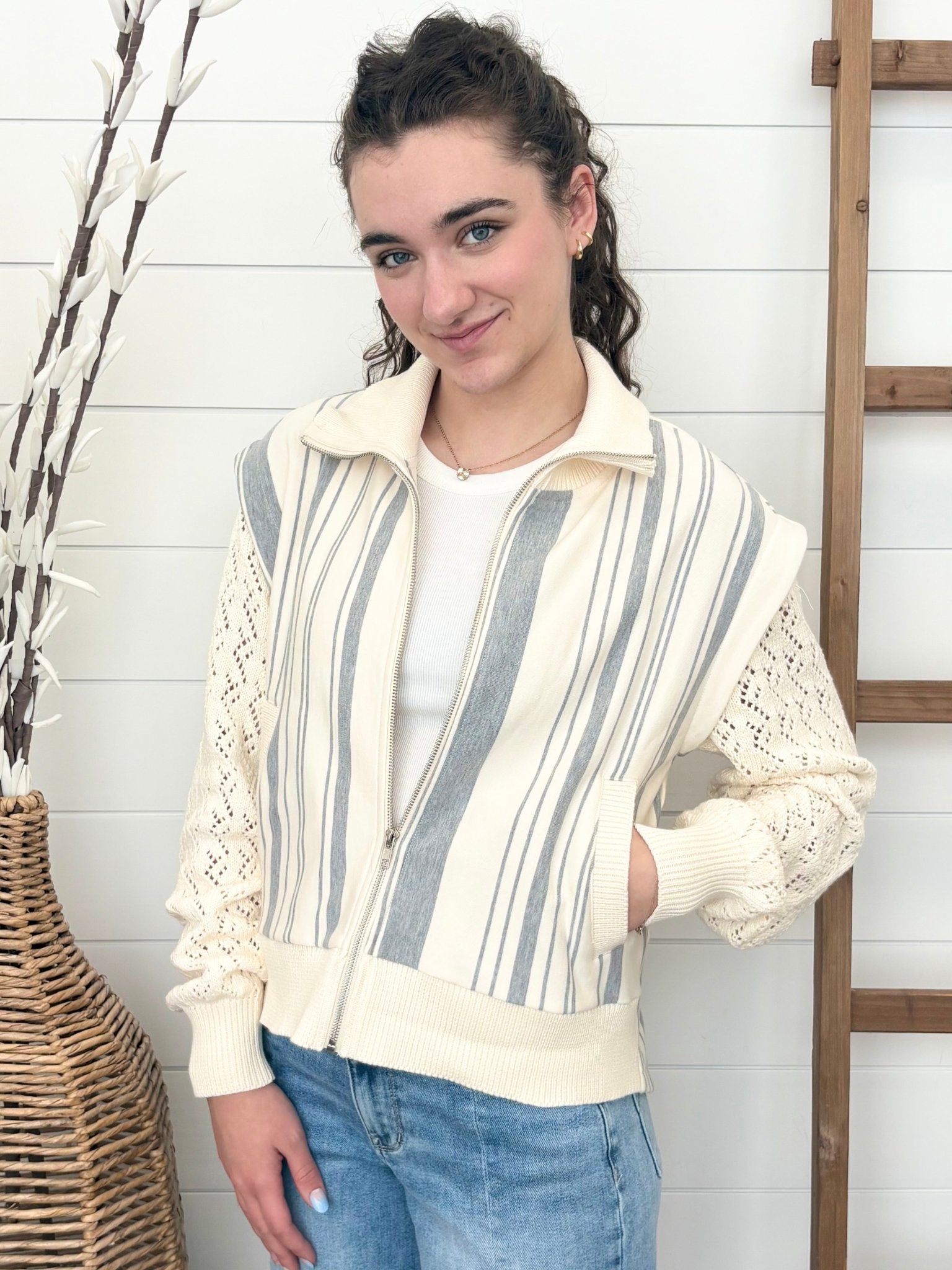 Mixed Media Striped Jacket - The Nines
