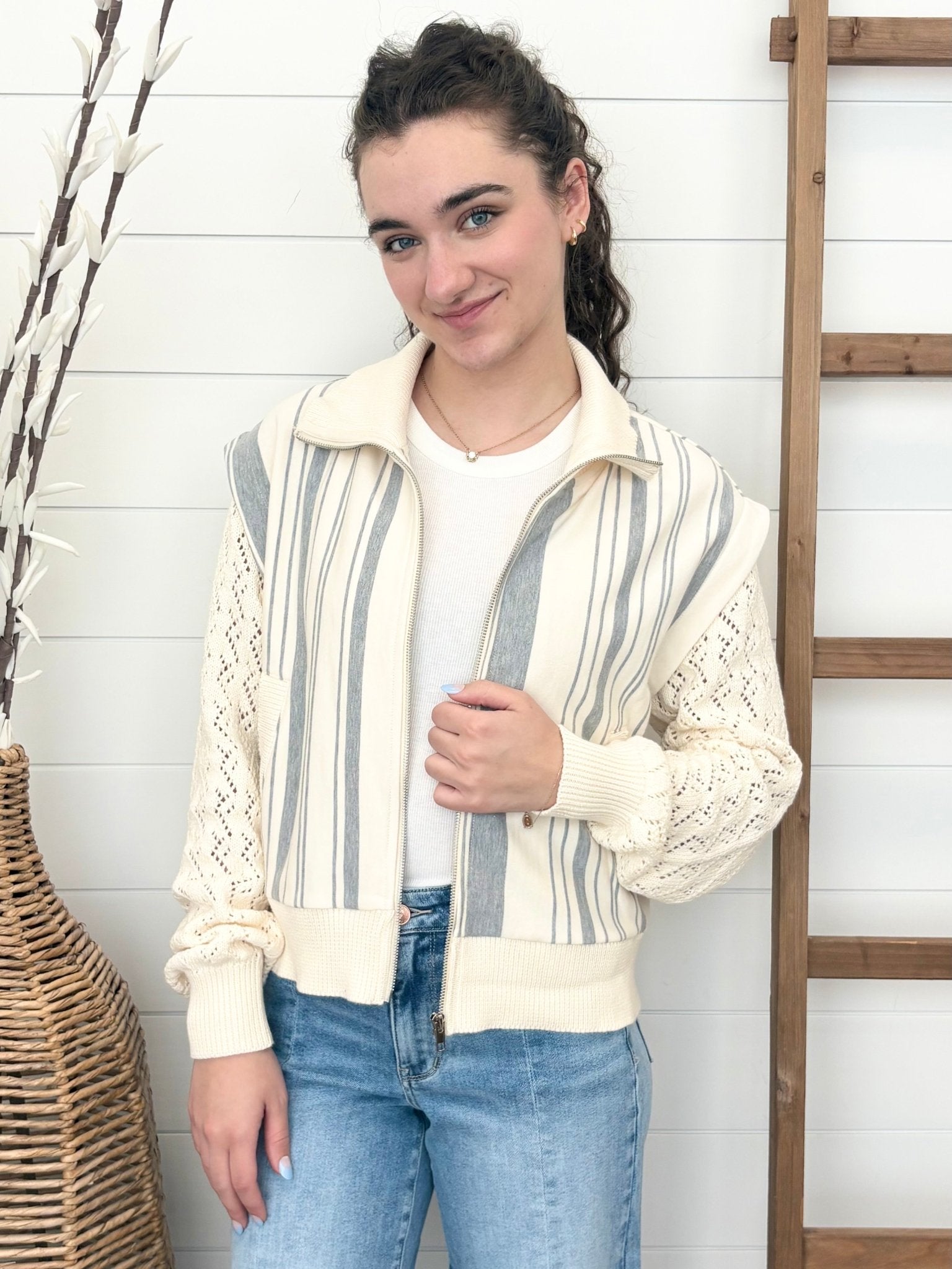 Mixed Media Striped Jacket - The Nines