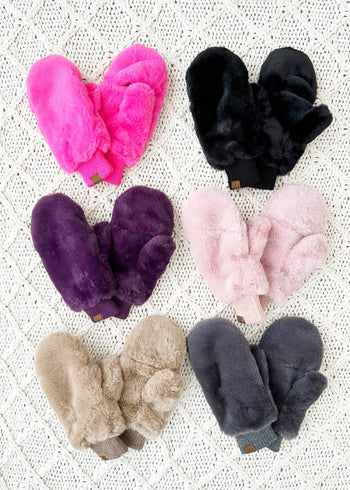 C.C Faux Fur Solid & Animal Convertible Mittens - 6 Colors!