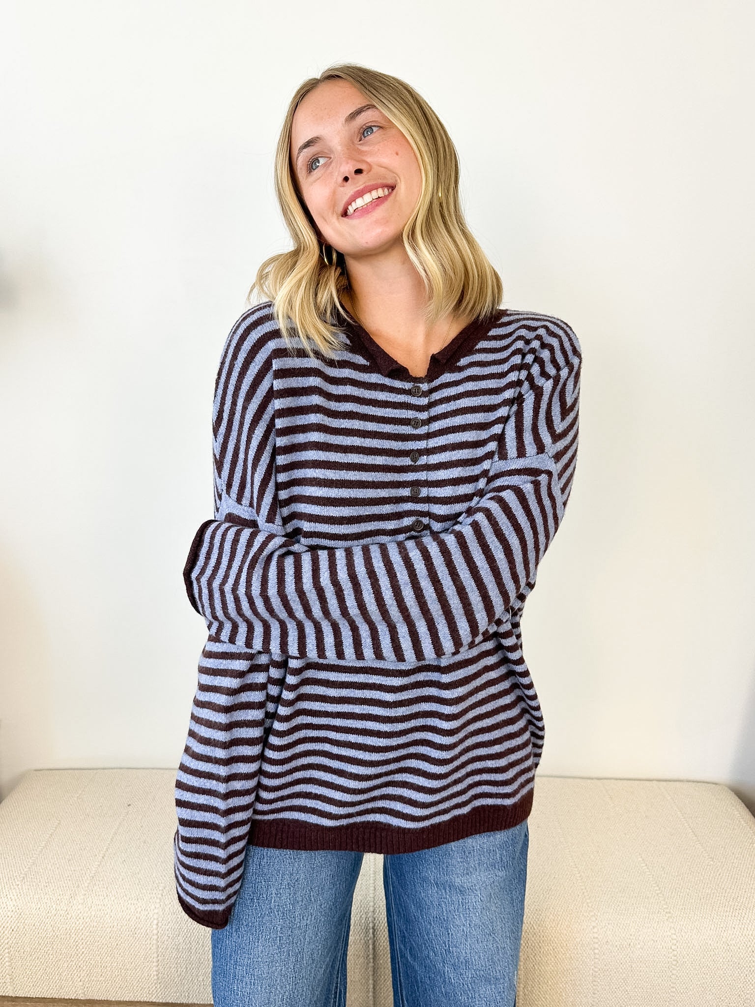 Button Henley Striped Sweater - 2 colors!