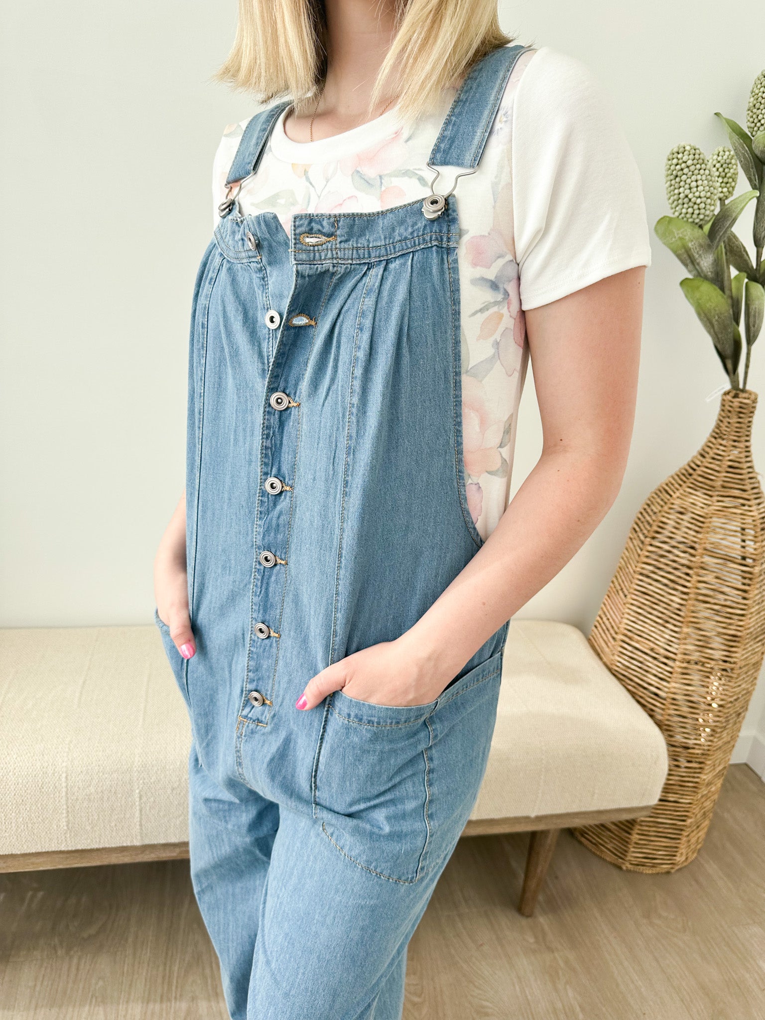 Cotton Denim Button-Up Overall
