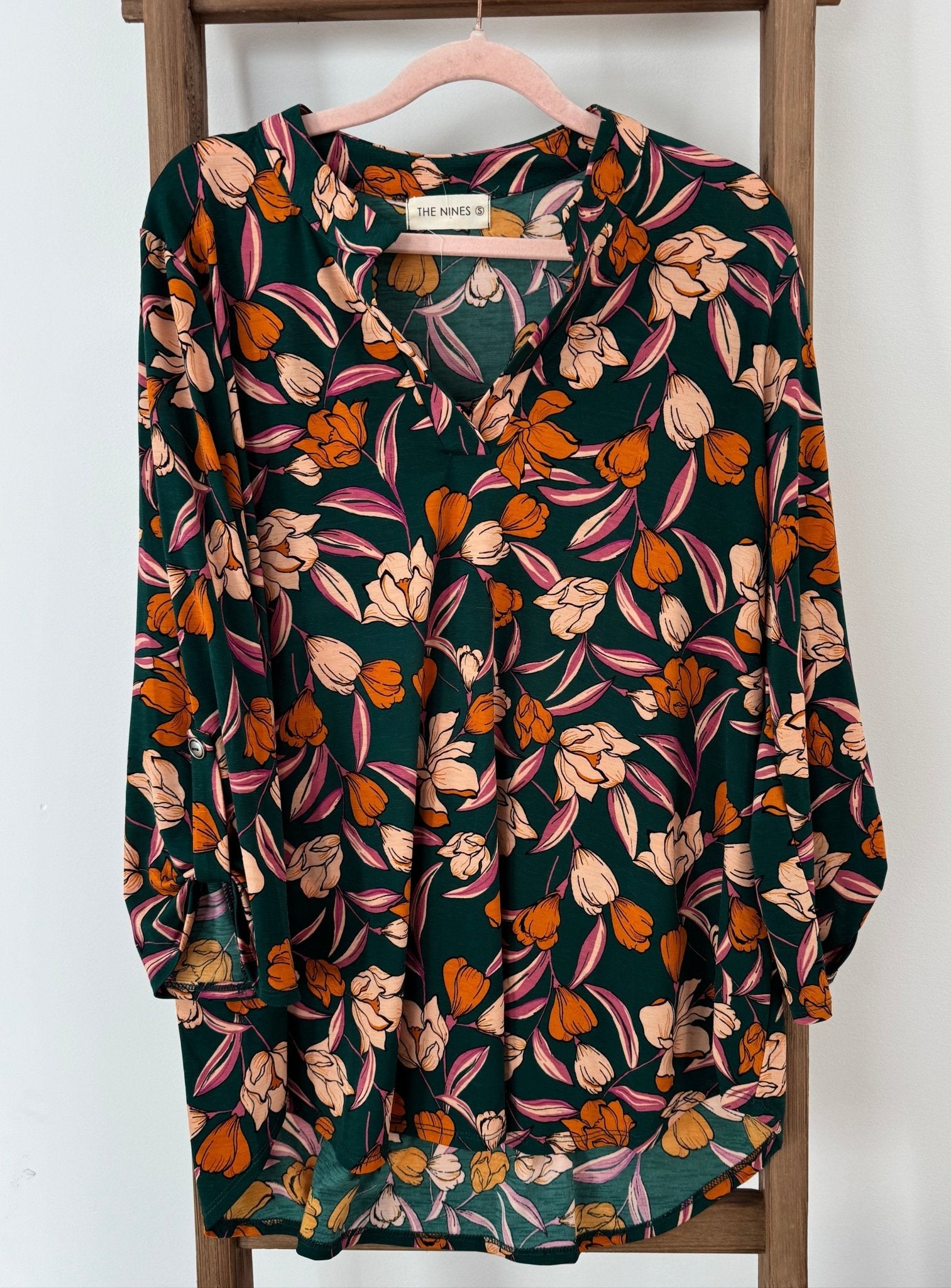 Hunter Green Floral Wrinkle Free Top - The Nines
