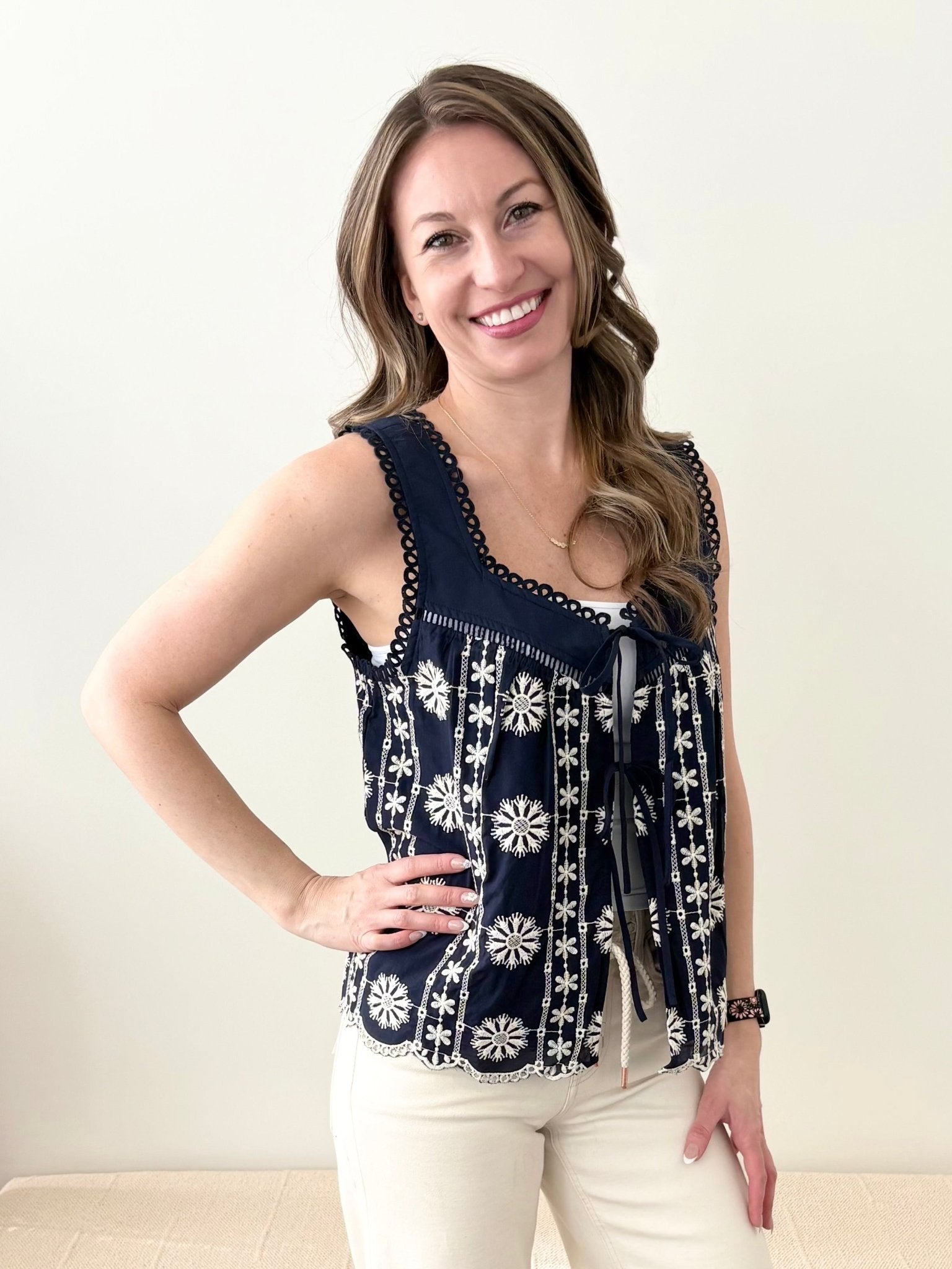 Navy Embroidered Tie Tank - The Nines