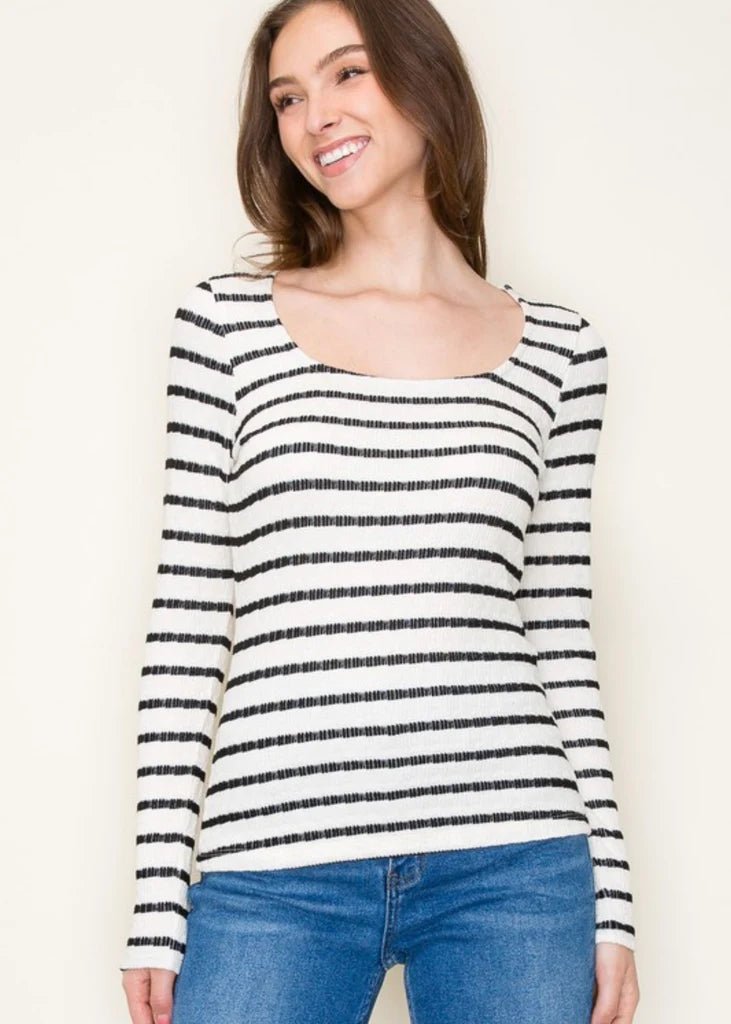 Black Striped Textured Long Sleeve Top - The Nines