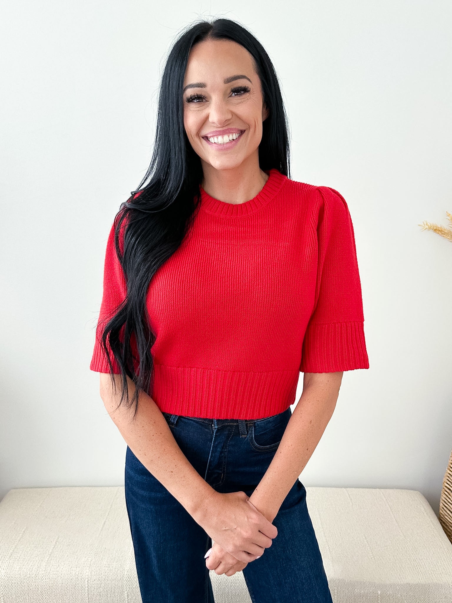 Puff Shoulder Short Sleeve Cropped Sweater - The Nines