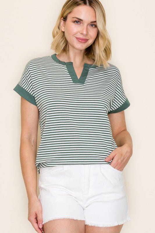 Ivory & Green Striped Short Sleeve - The Nines