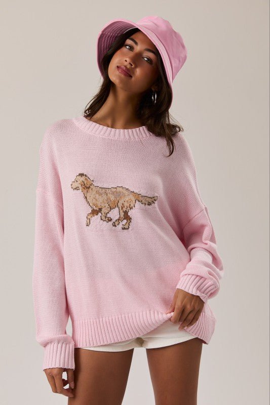 Light Pink Dog Graphic Lightweight Sweater - The Nines