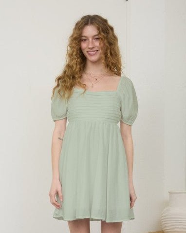 Light Sage Puff Sleeve Dress - The Nines