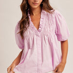 Lilac Pink Cotton Smocked Puff Sleeve Poplin Top - The Nines
