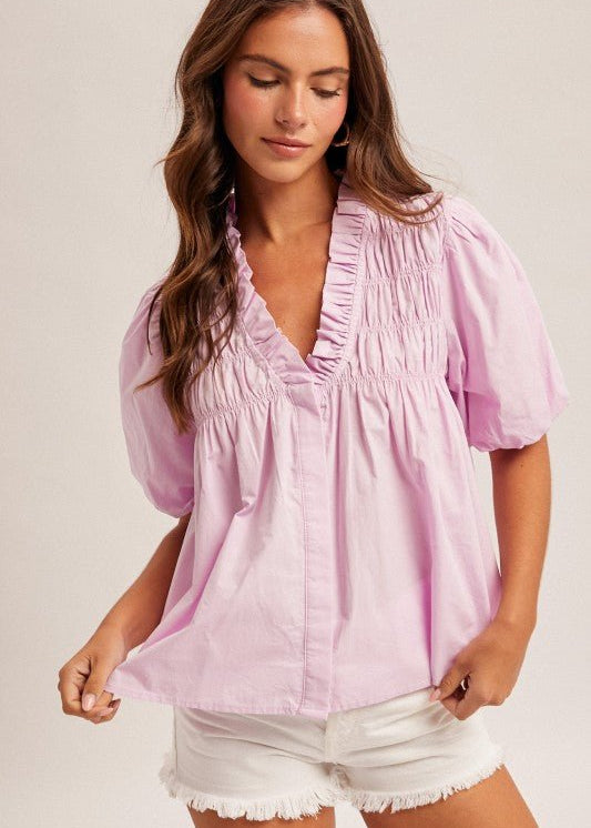 Lilac Pink Cotton Smocked Puff Sleeve Poplin Top - The Nines