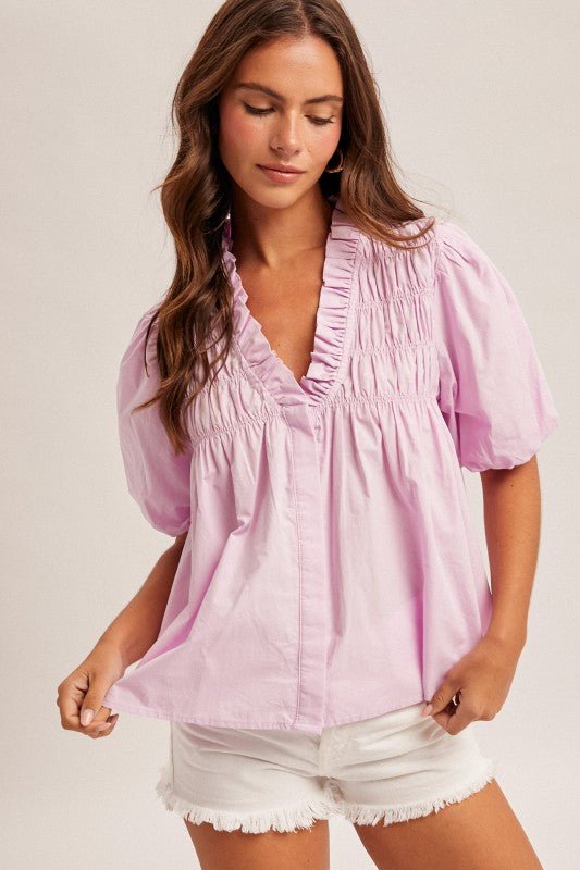 Lilac Pink Cotton Smocked Puff Sleeve Poplin Top - The Nines
