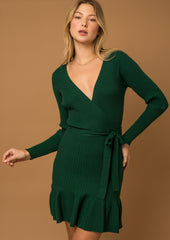 Green Fit & Flare Belted Ribbed Dress