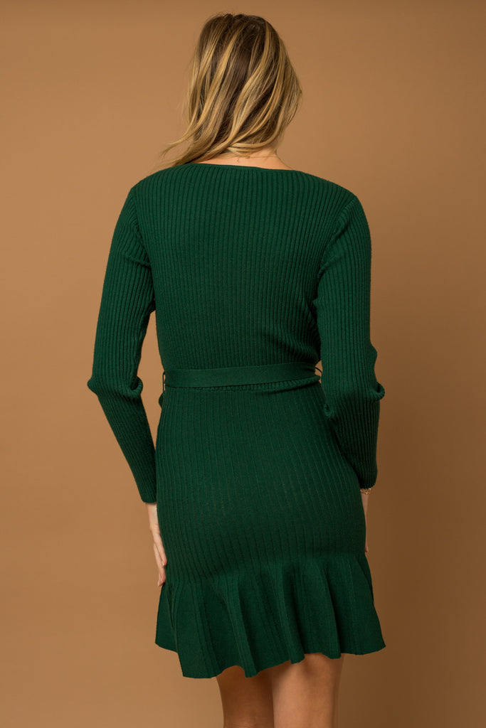 Green Fit & Flare Belted Ribbed Dress
