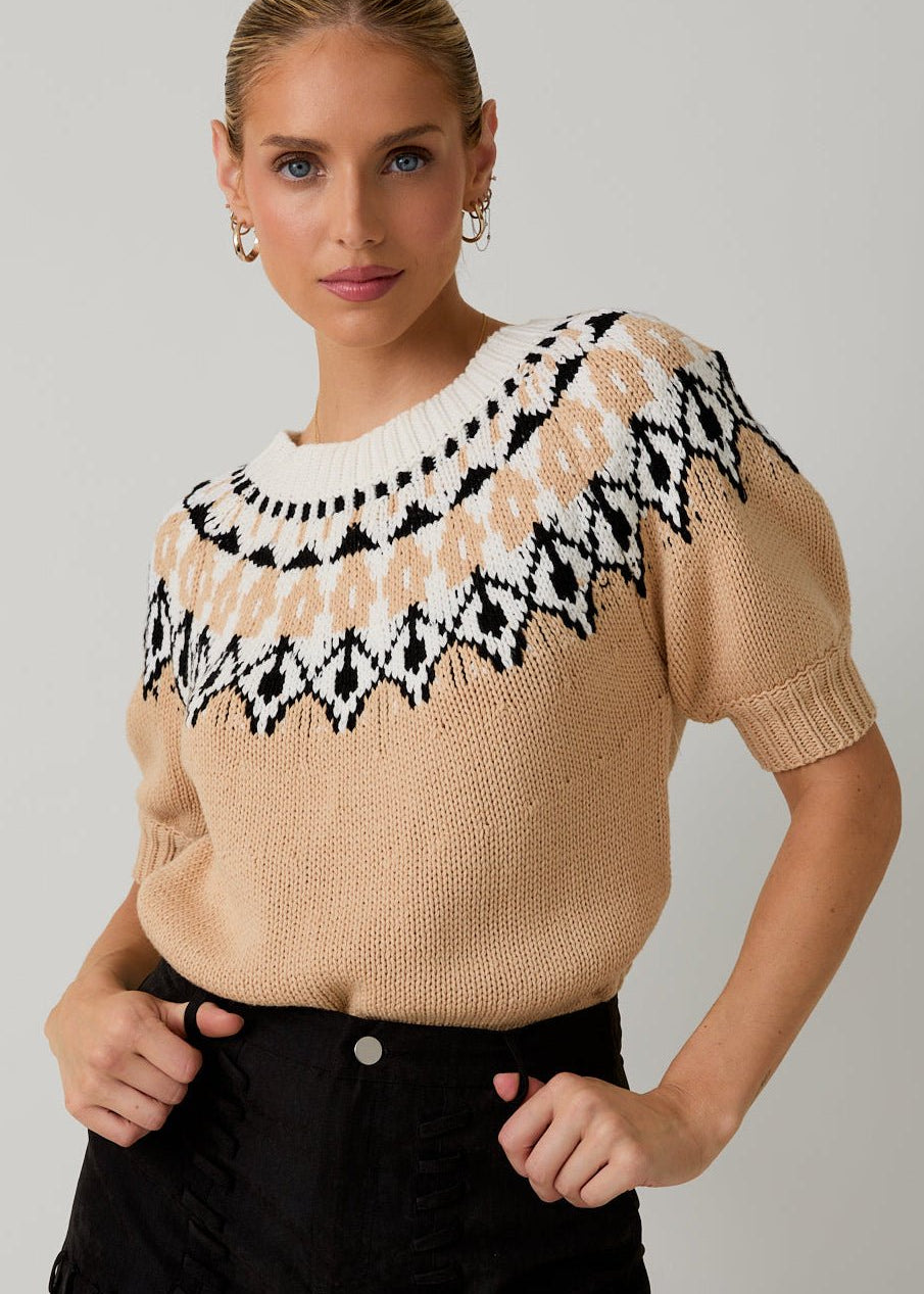 Myah Light Mocha & Black Short Sleeve Sweater - The Nines