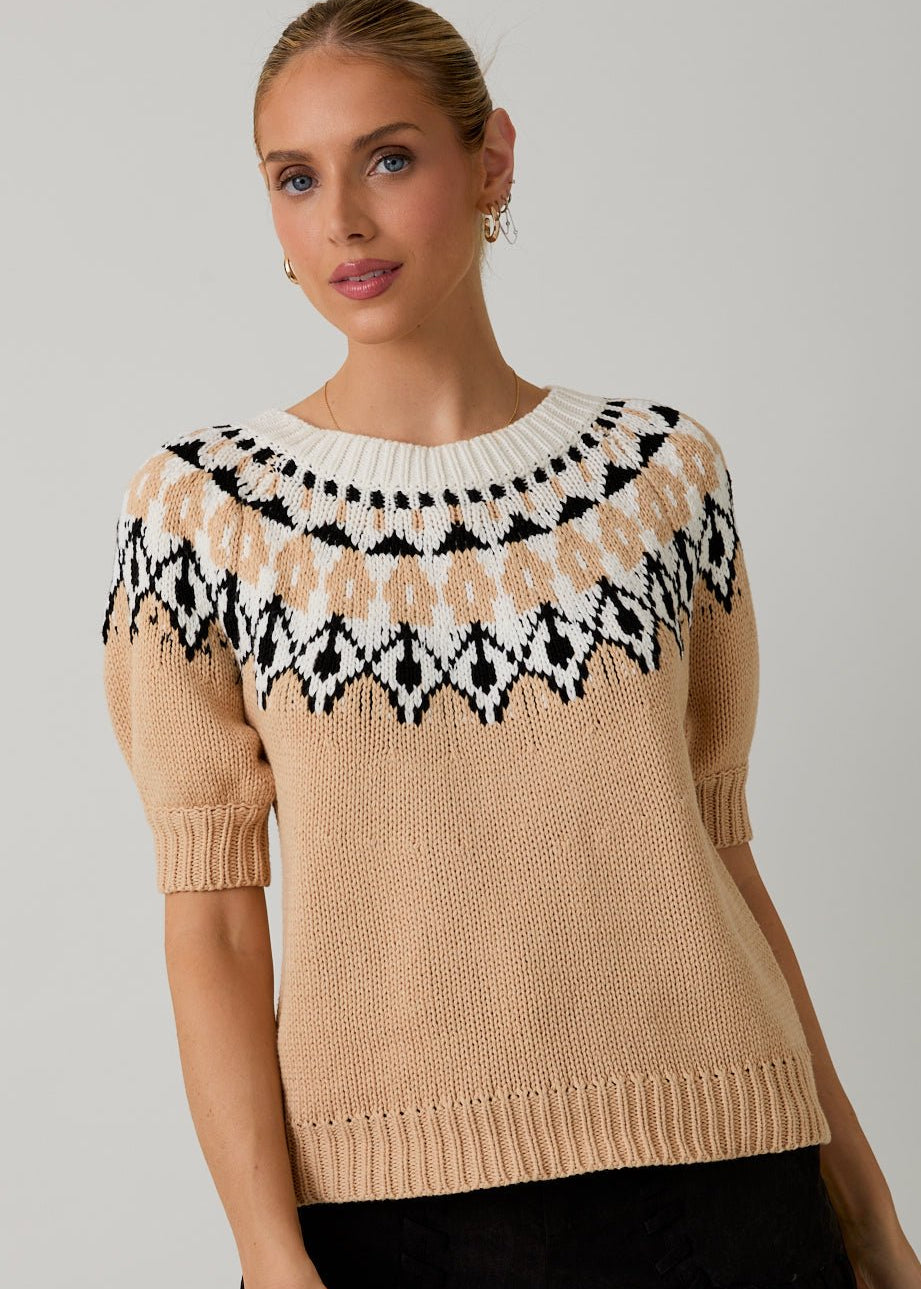 Myah Light Mocha & Black Short Sleeve Sweater - The Nines
