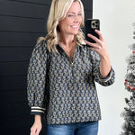 Dark Blue Floral Puff Sleeve Zip Top