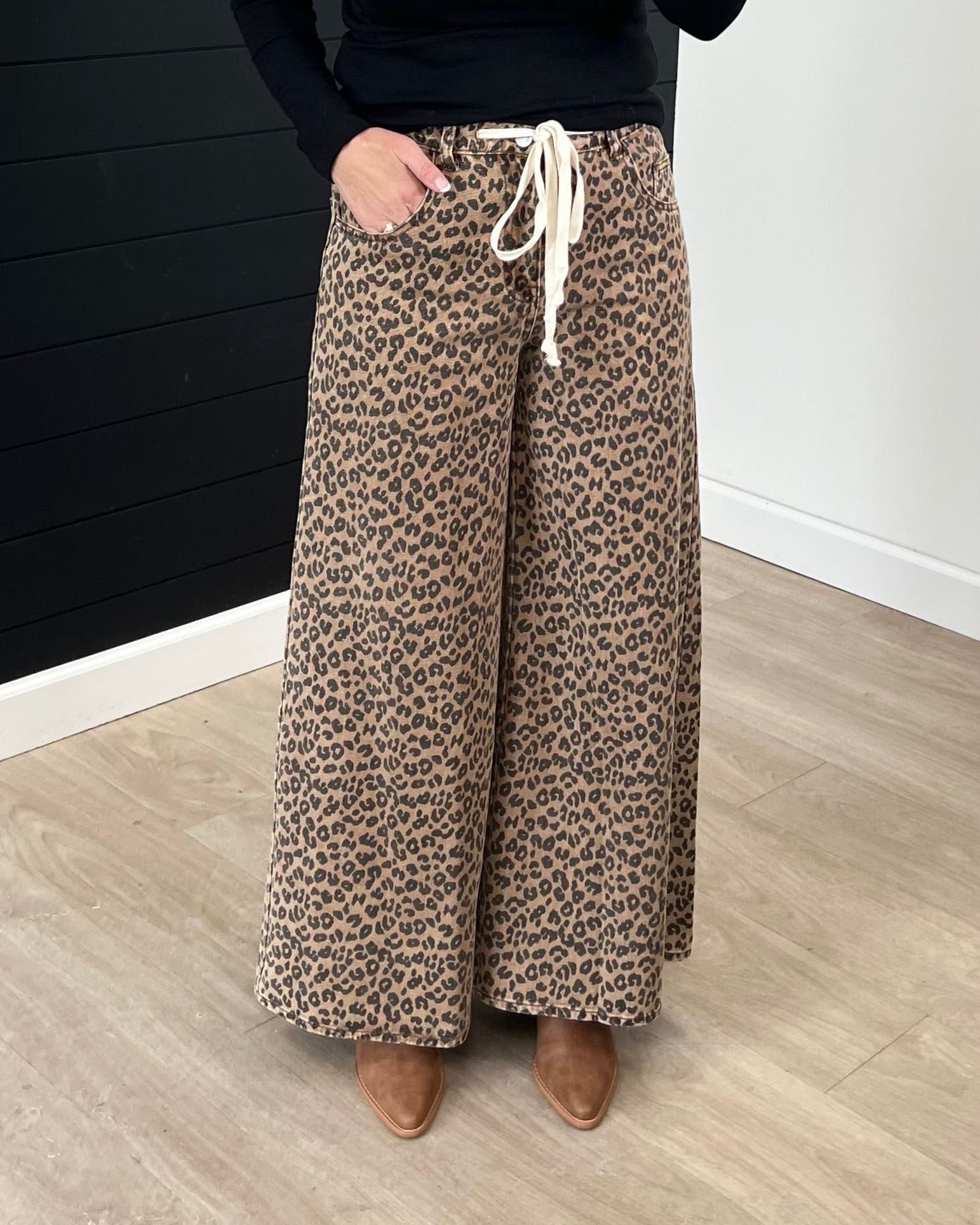 Mocha & Black Leopard Printed Pants With Drawstring Waist - The Nines