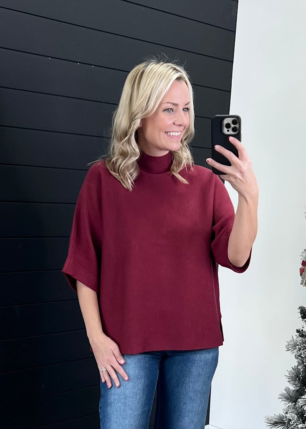 Mock Neck 3/4 Sleeve Sweater Top - The Nines