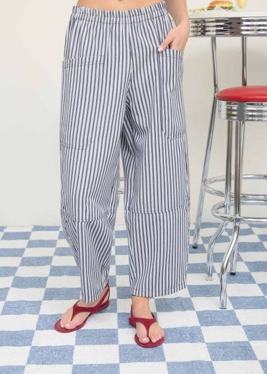 Navy Striped Elastic Waist Mid Rise Wide Leg Pant - The Nines