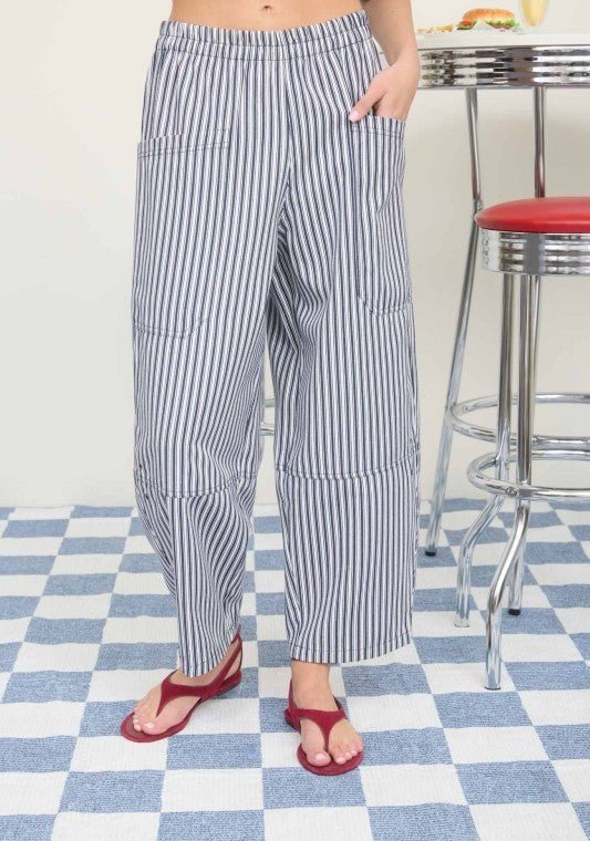 Navy Striped Elastic Waist Mid Rise Wide Leg Pant - The Nines