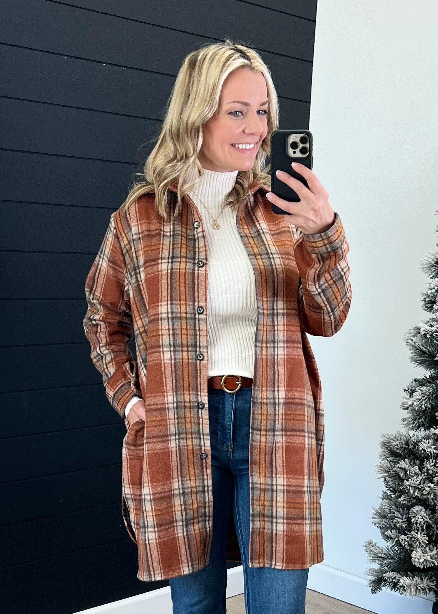 Nora Plaid Long Rust Shacket – The Nines