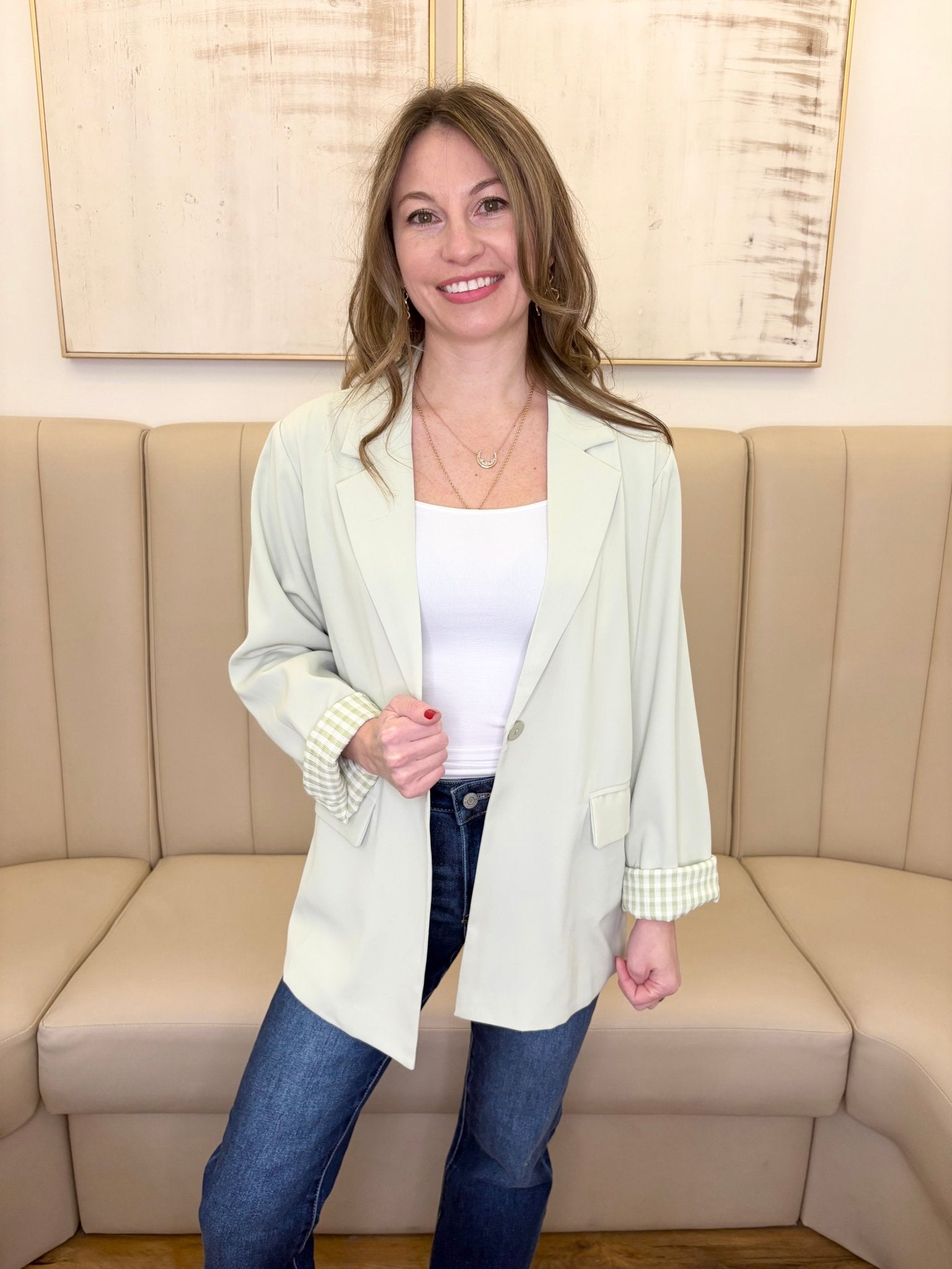 Oversized Sage Gingham Lined Blazer - The Nines