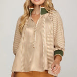 Taupe Half Zip Striped Top - The Nines