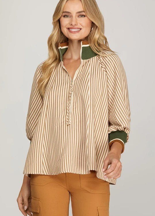 Taupe Half Zip Striped Top - The Nines