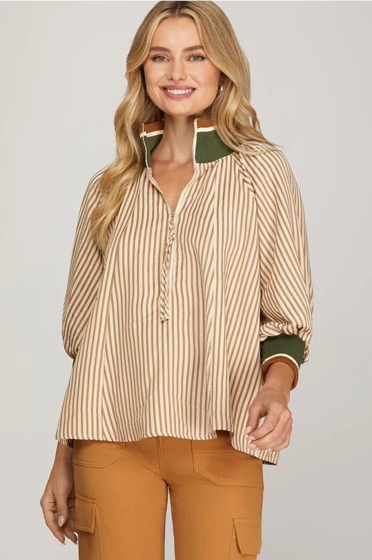 Taupe Half Zip Striped Top - The Nines
