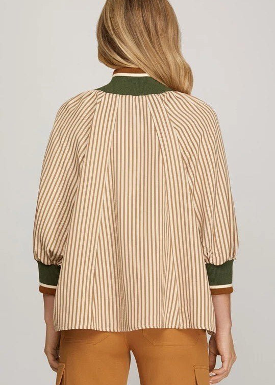 Taupe Half Zip Striped Top - The Nines