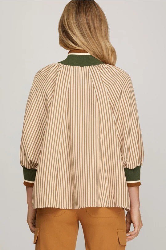 Taupe Half Zip Striped Top - The Nines