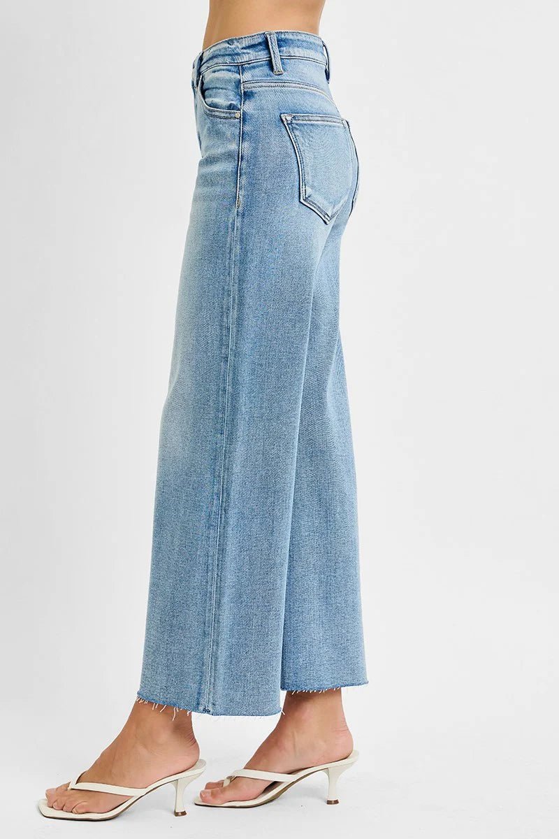 Risen Light Wash Mid Rise - Crop Wide - Raw Cut Hem Jeans - The Nines