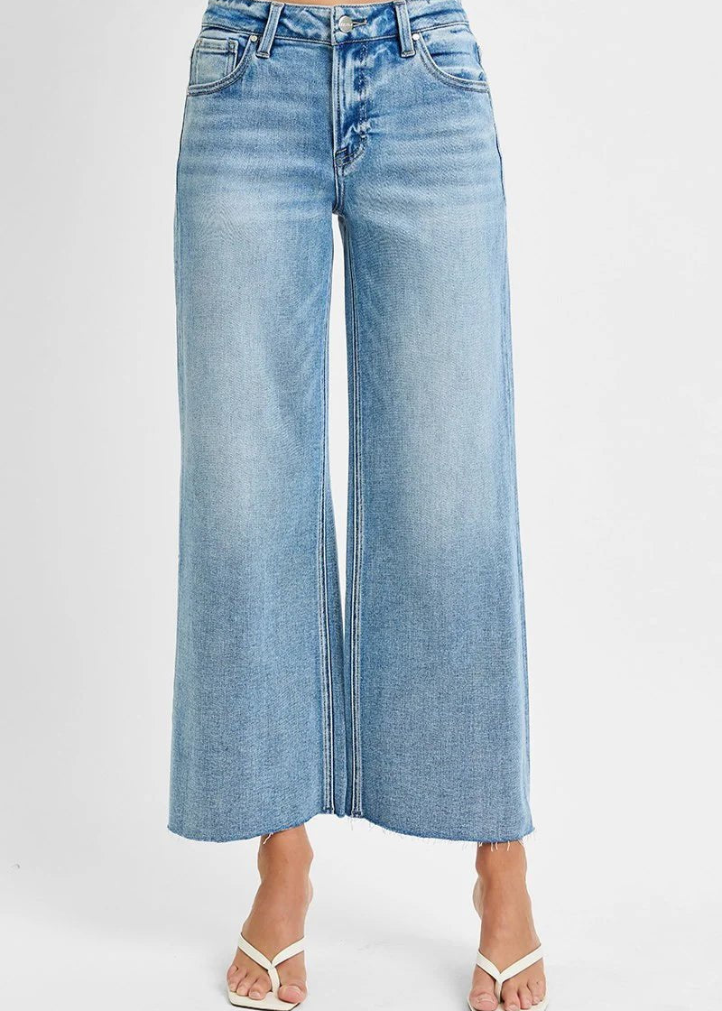 Risen Light Wash Mid Rise - Crop Wide - Raw Cut Hem Jeans - The Nines