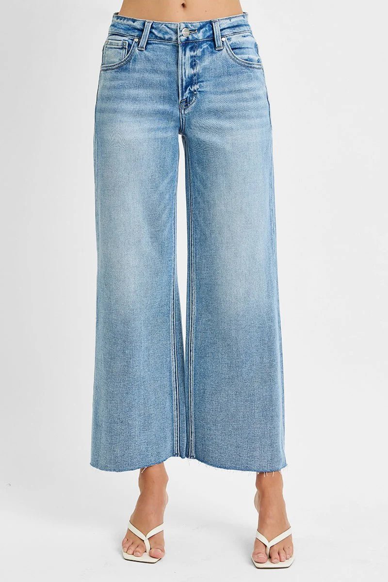 Risen Light Wash Mid Rise - Crop Wide - Raw Cut Hem Jeans - The Nines