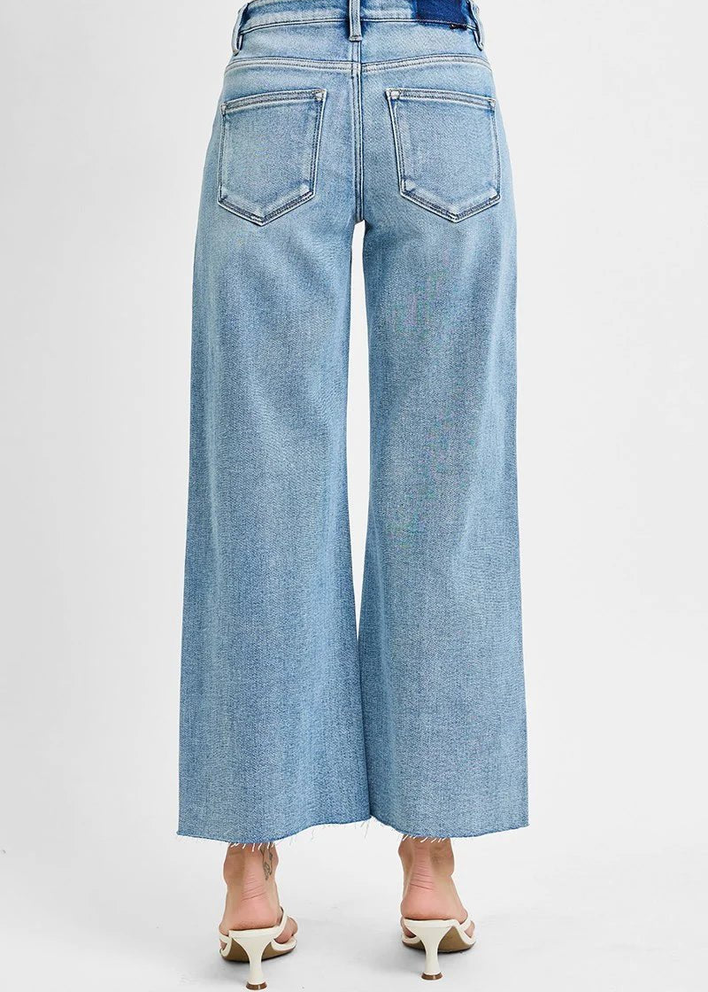 Risen Light Wash Mid Rise - Crop Wide - Raw Cut Hem Jeans - The Nines