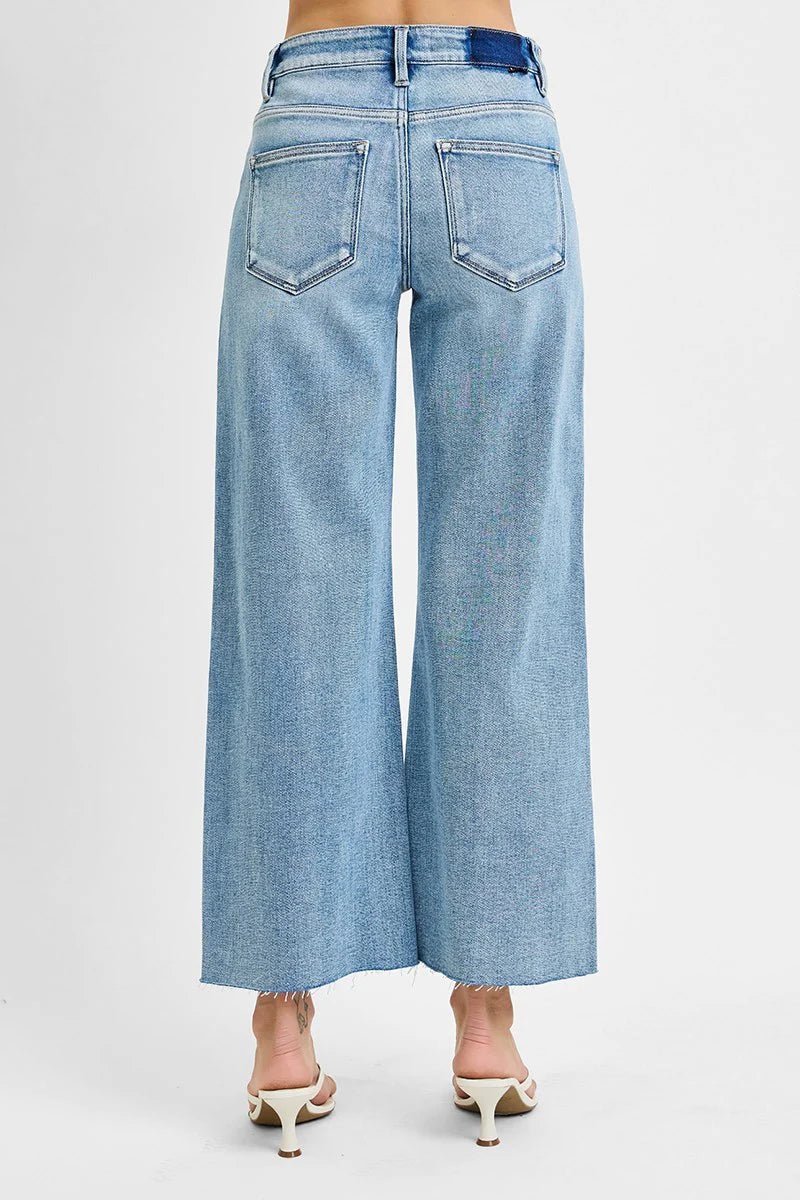 Risen Light Wash Mid Rise - Crop Wide - Raw Cut Hem Jeans - The Nines