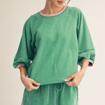 Relaxed Fit Green Edge Detail Washed Top - The Nines