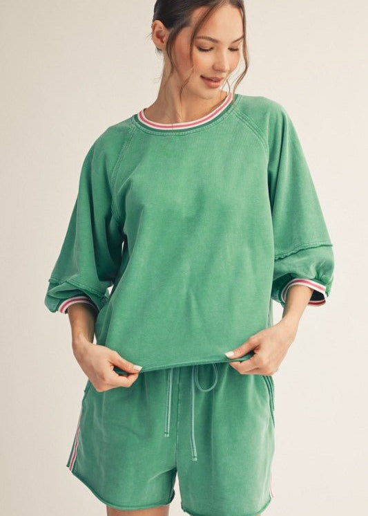 Relaxed Fit Green Edge Detail Washed Top - The Nines