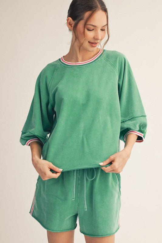 Relaxed Fit Green Edge Detail Washed Top - The Nines