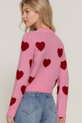 Cropped Pink & Wine Heart Sweater