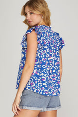 Colbalt Blue Butterfly Sleeve Printed Top
