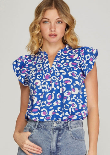 Colbalt Blue Butterfly Sleeve Printed Top