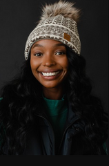 Beige & Taupe Patterned Pom Hat