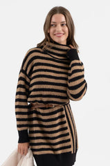 Camel Striped Turtleneck Sweater Dress - FINAL SALE